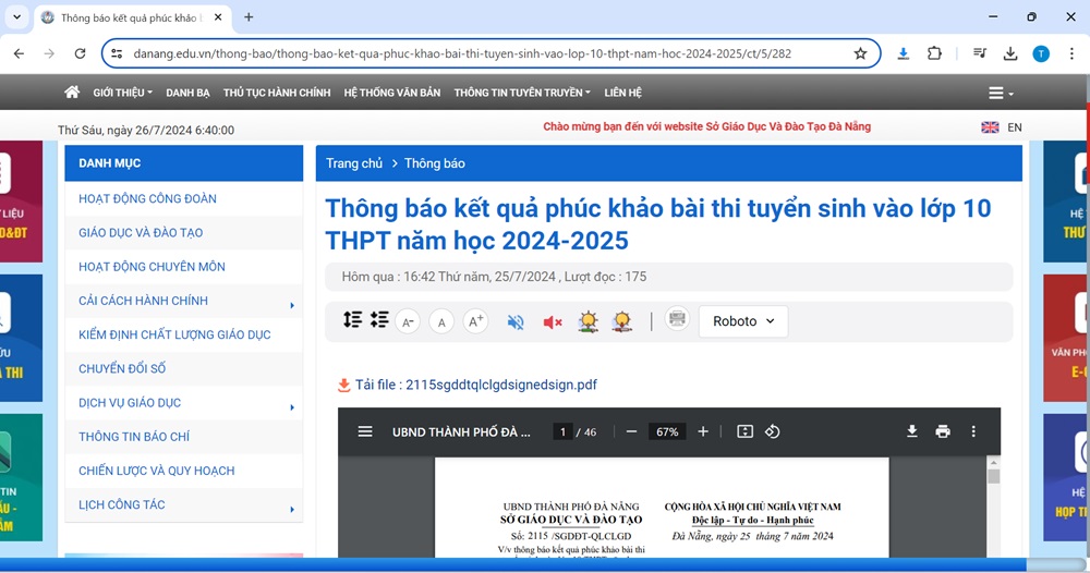 phuc khao ket qua tuyen sinh lop 10